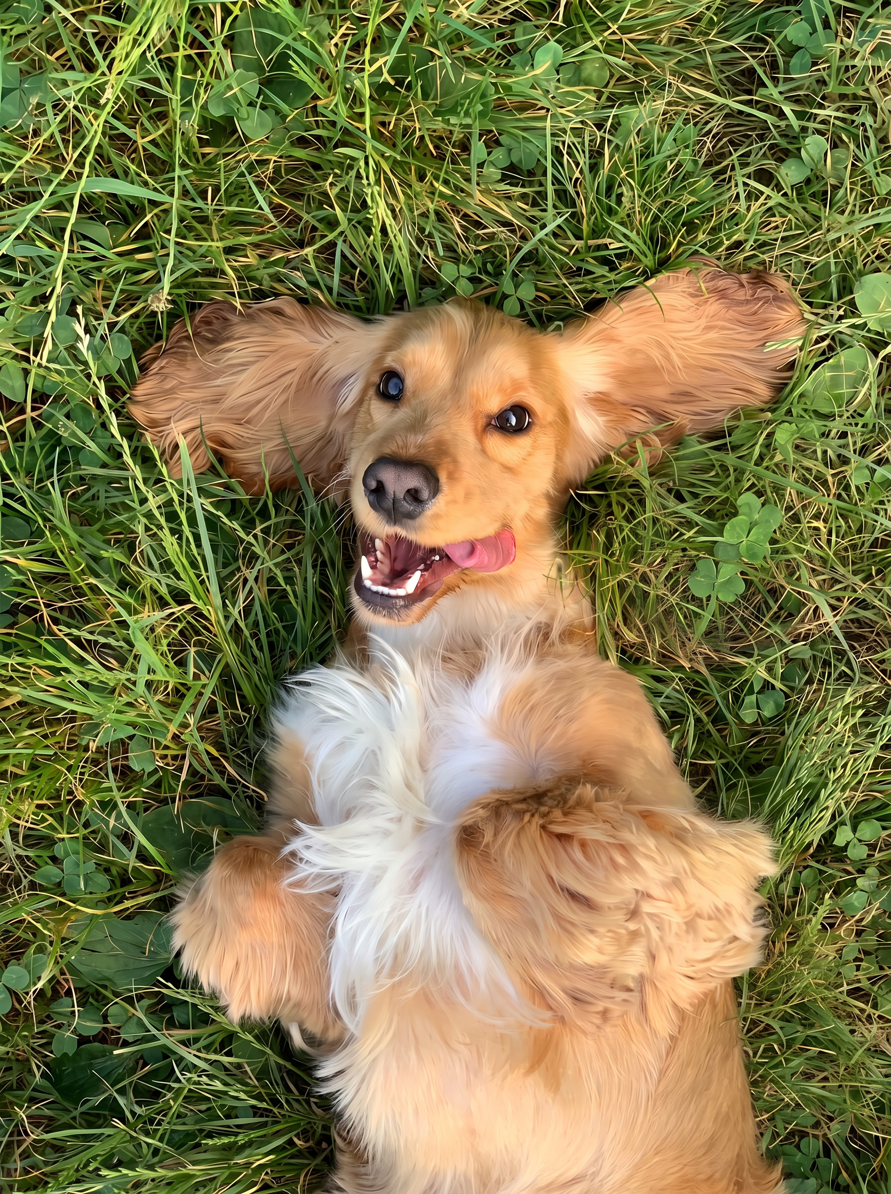 Happy golden spaniel lying on its back in fresh green grass